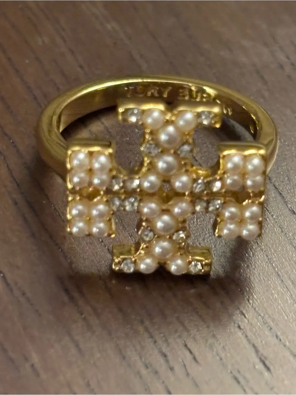 Tory Burch Gold plated Pearl and Crystal Logo Ring size 7